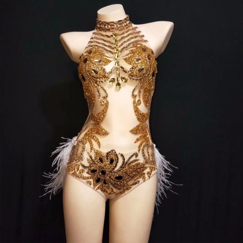 Gold jumpsuit Блестящие Кристаллы перо серебро/золото сексуальный комбинезон Ночной клуб праздновать вечерние певица Джаз Танец платье рейв наряд DJ373 - Цвет: Gold jumpsuit