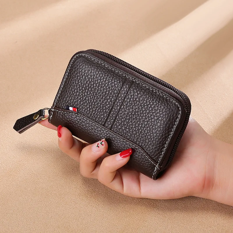 

Genuine Leather Women Business Wallet Card Holder Zipper Bank Credit Card Case ID Holders RFID Female Wallets Coin Purse Red