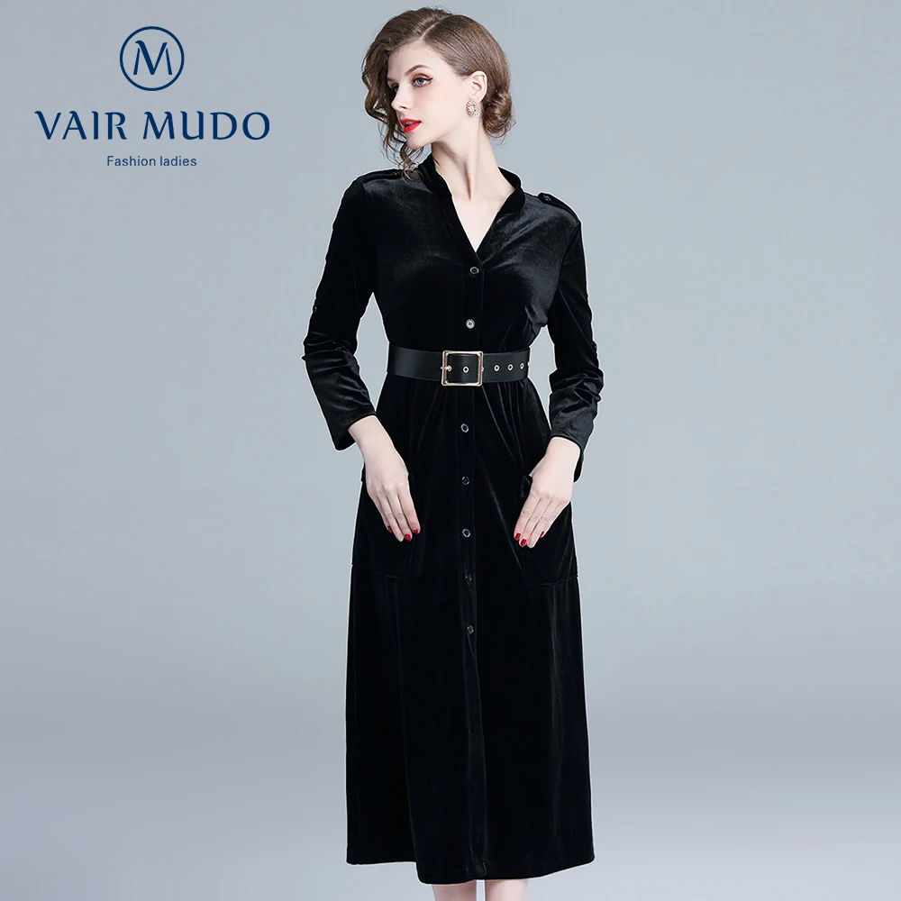 

women autumn winter fashion elegant dress female Velvet long-sleeved midi skirt dress black workers part Y-439