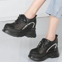 fashion sneakers women lace up genuine leather wedges high heel ankle boots female breathable mesh round toe platform pumps shoe