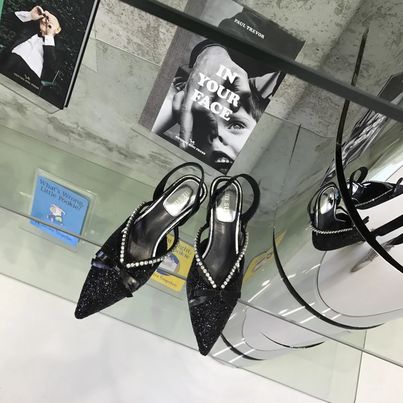

High heels bow new sequined female stiletto wedding shoes pointed bridesmaid shoes sandals