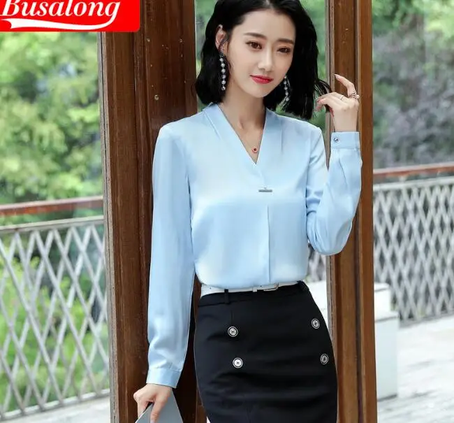 Белый светильник синий цвет модные сексуальные шифоновые блузки с v-образным