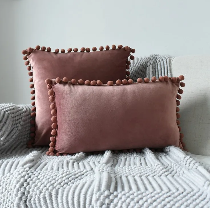 sand pink Мягкий Бархатный Чехол на подушку с помпон, белый, желтый, синий, Наволочка на подушку, Подушка для украшения дивана, чехлы 30x50 см/45x45 см - Цвет: sand pink