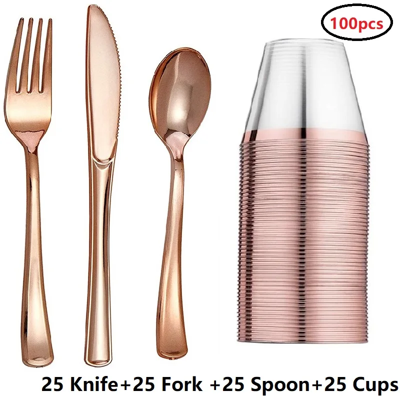 

25-100pcs Wedding Party Disposable Tableware Set Rose Gold Rim Plastic Drink Cups Knifes Forks Spoons Restaurant Decoration Tool