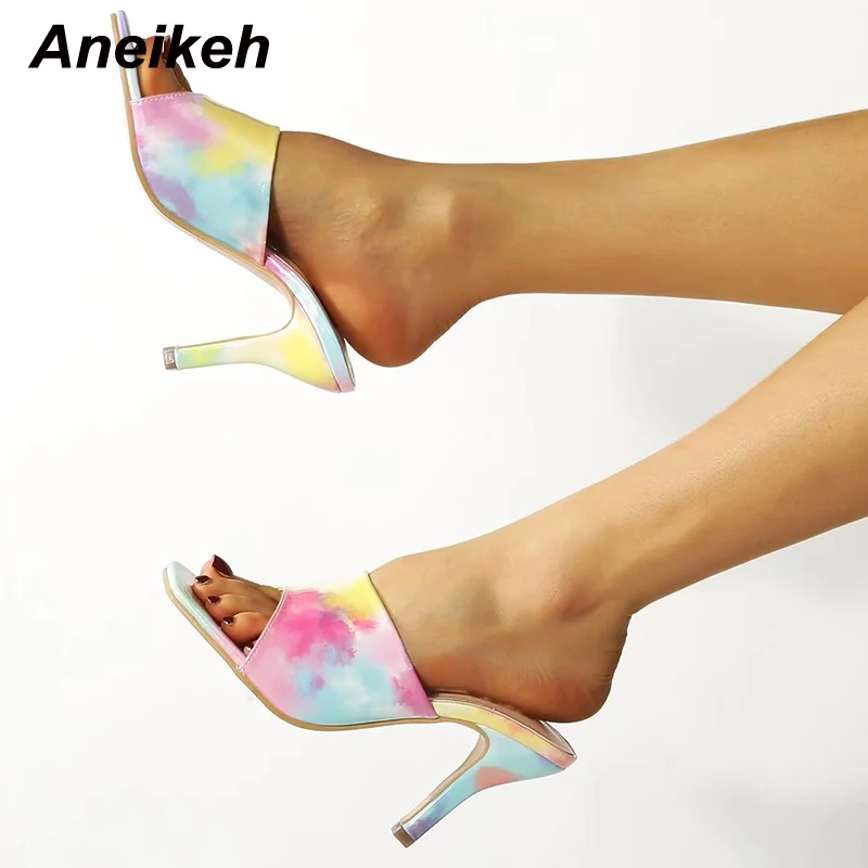 

Aneikeh NEW Women's Shoes Camouflage Shallow Mules Slippers 2023 Fashion Patent Leather Roman Square Toe Thin Heels Party Color