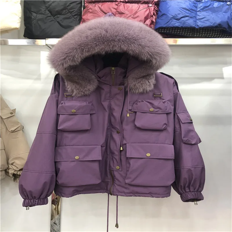 Женская куртка на утином пуху с капюшоном Толстая теплая Свободная большого