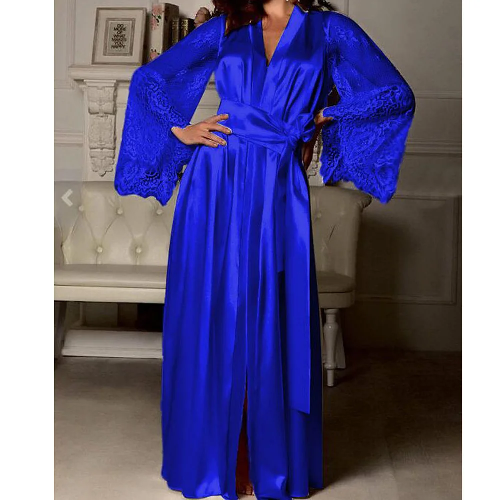 Женская кружевная ночная рубашка атласная шелковая одежда длинный рукав