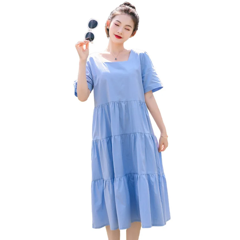 

Green Orange Summer Maternity Dress Short Sleeve Square Collar Korean Large Size Cotton Cake Maternity Clothings