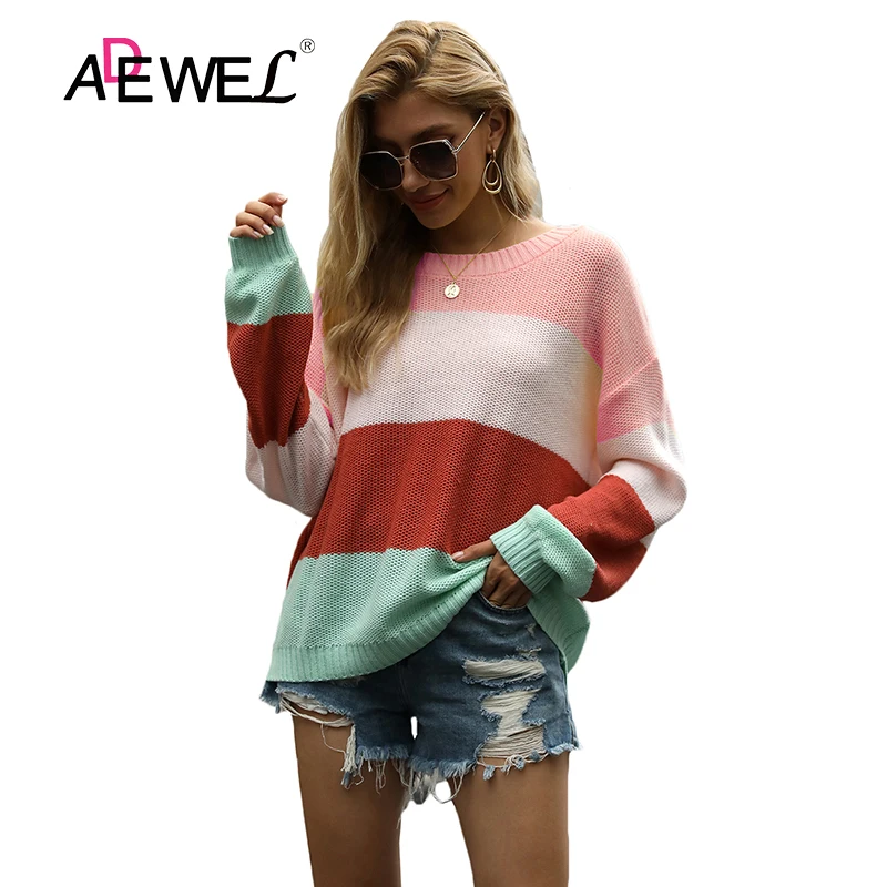 

ADEWEL Sueter Mujer Invierno 2020 Lantern Sleeve Rainbow Tie Dye Woman Sweaters Autumn And Winter Strapless Kobieta Swetry XL