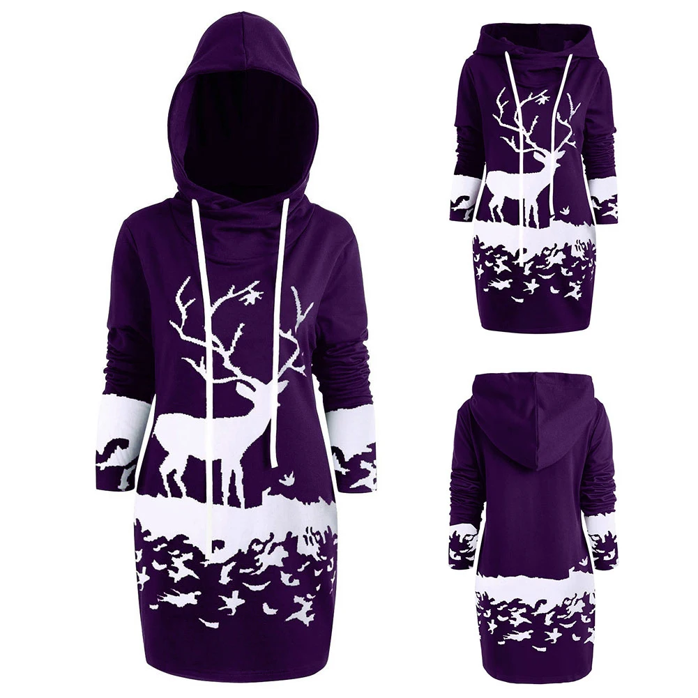 Рождественский Женский свитшот с длинным рукавом и принтом лося капюшоном мини