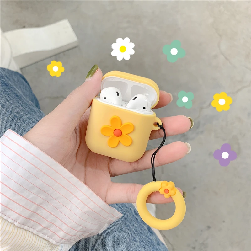 

For AirPods 1 2 Case Cute Cartoon Thin Flower Earphone Cases For Apple Airpods 2 Cover Funda Keychain Ring