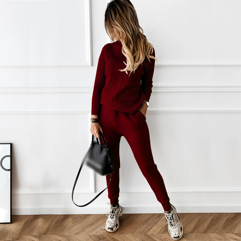 

WenQing Autumn Winter Women's tracksuit Solid Color Striped Turtleneck Sweater and Elastic Trousers Suits Knitted Two Piece Set