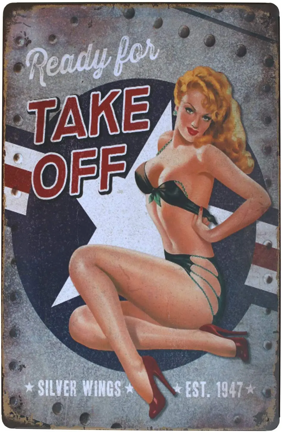 

ARTCLUB Ready for Take Off Pinup Girl Metal Retro Tin Sign Antique Plaque Poster Bar Home Bedroom Wall Decor