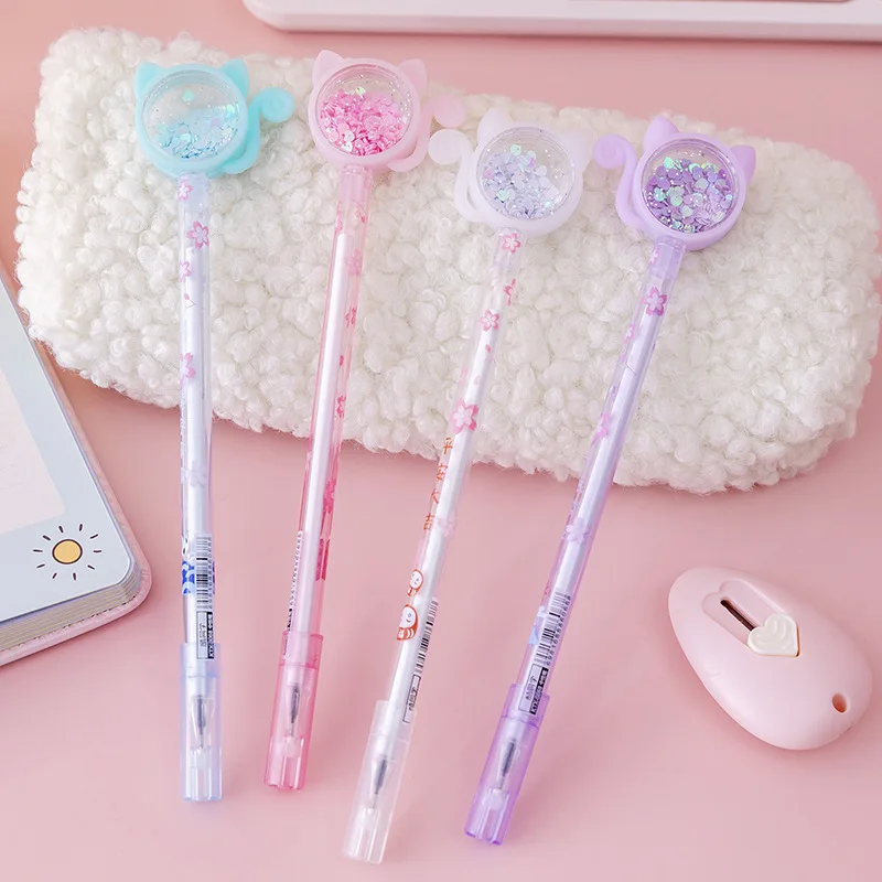 Transparent Cat Sequins Gel Pen 0.5mm Pens Stationery Student Cute Signature School Office Supplies Writing Tools | Канцтовары для