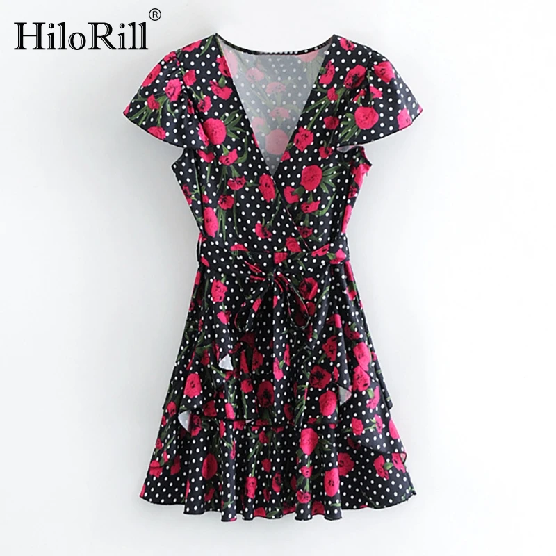 

HiloRill Women A Line Floral Printed Ruffle Dress 2021 Summer V Neck Boho Mini Dresses Casual Short Sleeve Vintage Sashes Dress