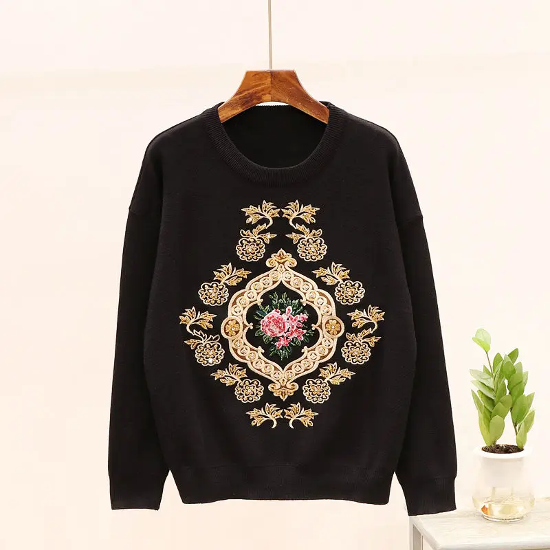 LUOSHA женский осенне зимний теплый вязаный пуловер с вышивкой свитер топ и штаны