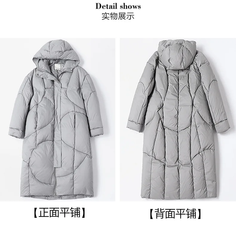 

grey hooded Down Coat Winter Women Puffer Ultra Light Down Jacket Long Parkas 90% White Duck Down Jackets Loose Female Outwear