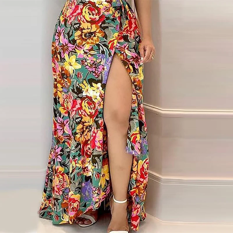 

Women Summer Colorful Floral Print Sexy V Neck Short Sleeve Fashion Casual Long Dress Beach and Holiday Women Dress