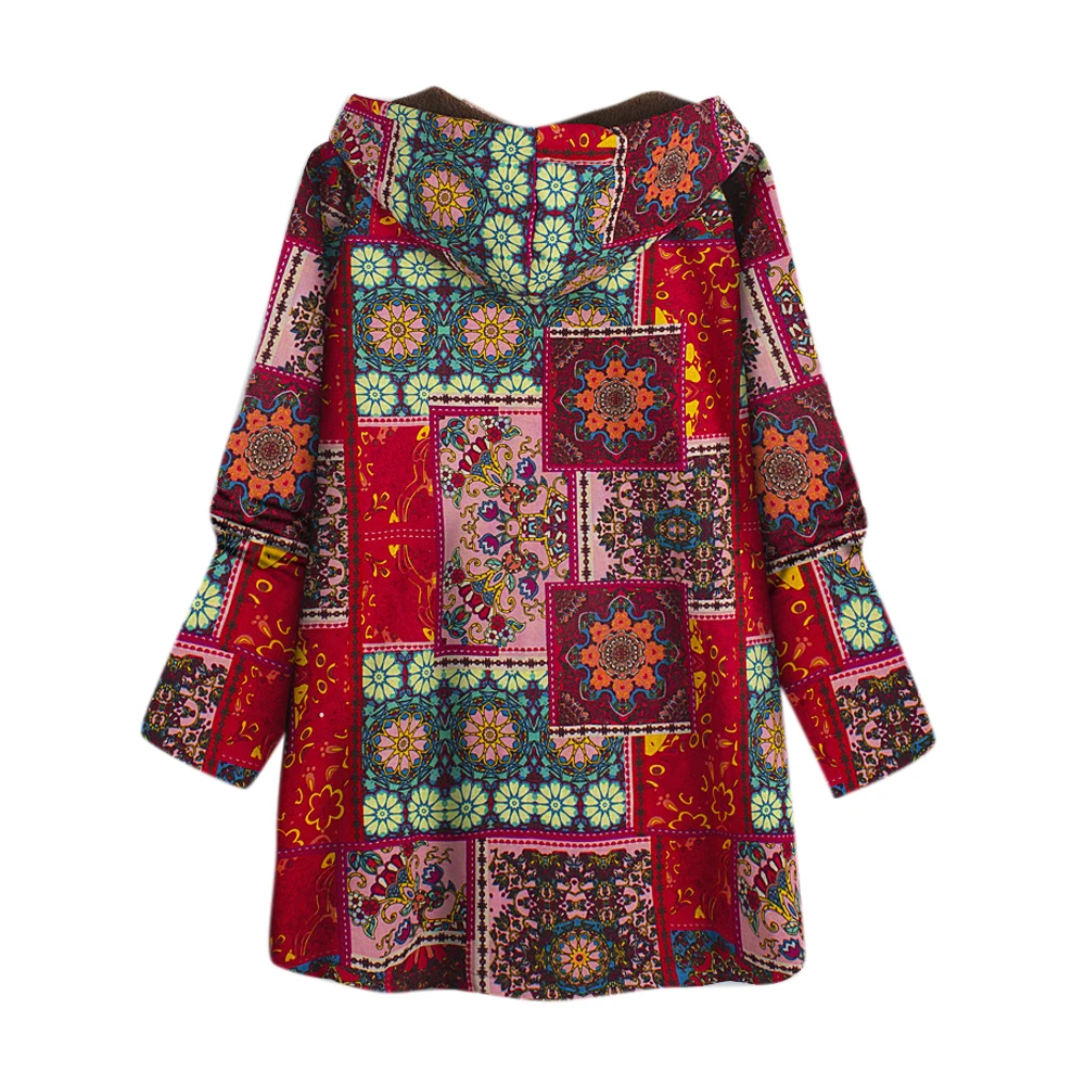 

VICABO Women Jackets Retro Flower Printed Hooded Sweatshirt Outwear Winter Casual Hoodie Thicken Warm Coat 5xl