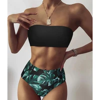 sexy floral bikini set 2021 swimsuit mujer high waist bathing suit black swimwear women push up leaf bandeau brazilian biquini