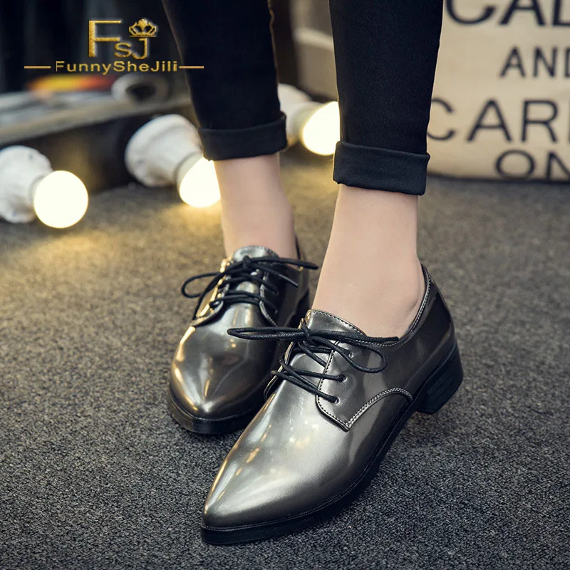 

Grey Women's Oxfords Lace up Pointy Toe Patent Leather Vintage Shoes Spring Autumn Work Party Date Noble Shoes Woman US 16 FSJ