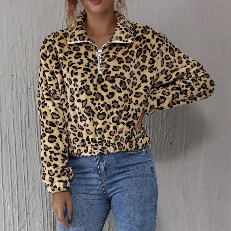 

Autumn Women Clothes Stylish Long Sleeve Leopard Top Fashion Warm Sweatshirts Zipper Top for Women Ladies
