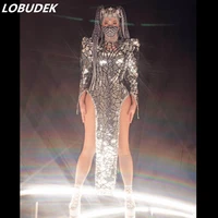 silver laser sequins backless slit dress sexy women dancer singer performance reflective costume nightclub party stage show wear