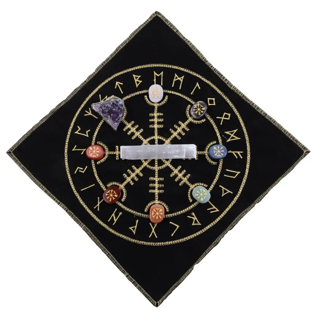 Natural Amethyst Cluster 7 Chakra Stone Set Healing Selenite Wand With Viking Compass Embroidered Energy Mat For Yoga Meditation