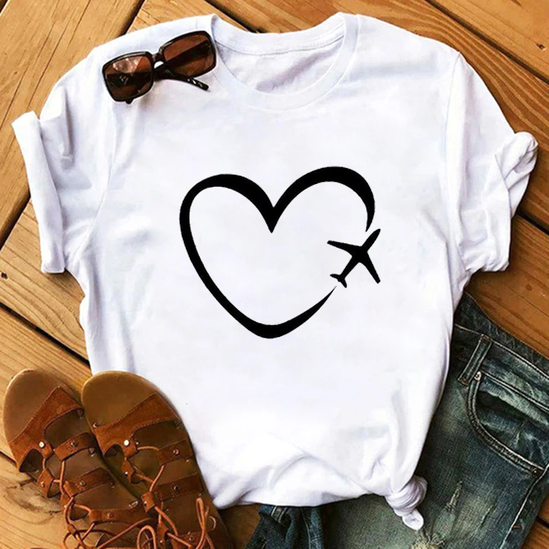 

Simple Summer Travel Plane Heart Love Print Women Tshirt Cotton Casual Funny T Shirt Gift Lady Yong Girl Top Tee
