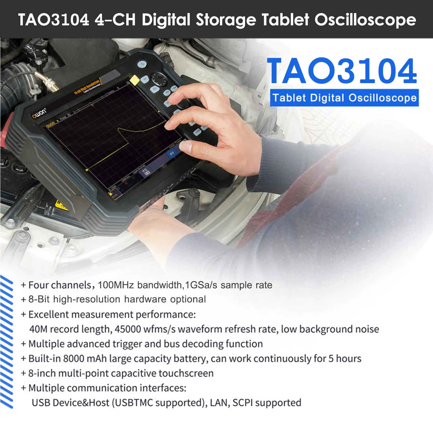 

Portable Tablet Digital Oscilloscope 8 Inch LCD Touch Screen USB Storage Oscilloscopes 8 bits 4 Channels 100Mhz Bandwidth