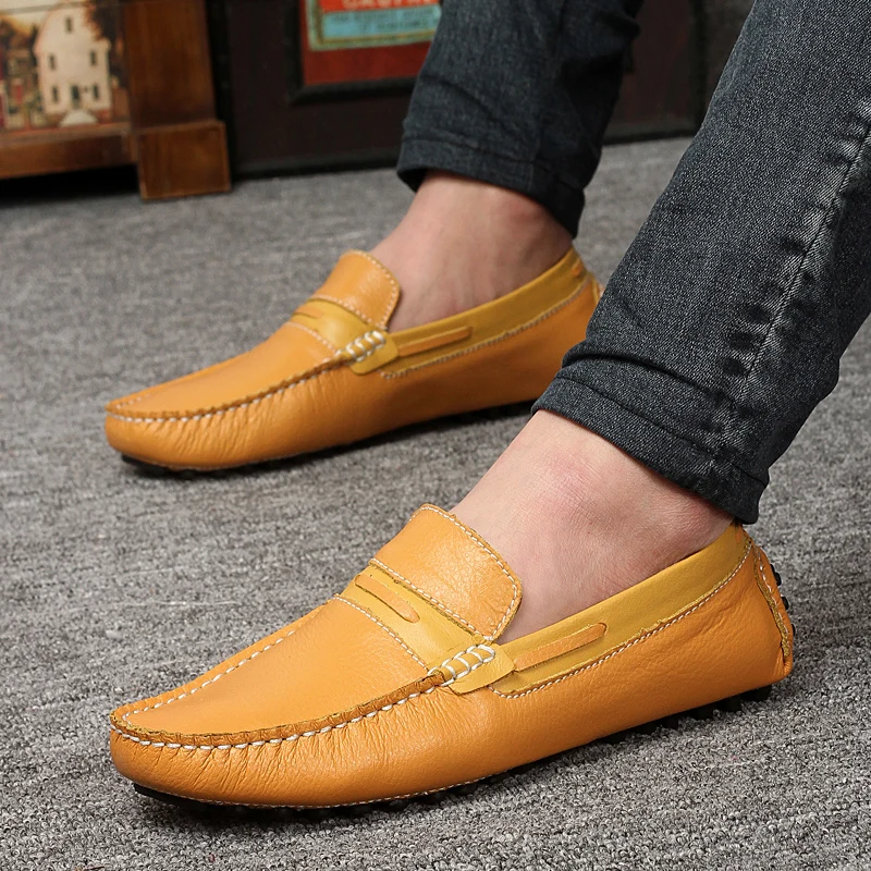 

Genuine leather men's casual shoes luxury brand 2019 men's loafers breathable slip on black driving shoes plus size 37-47
