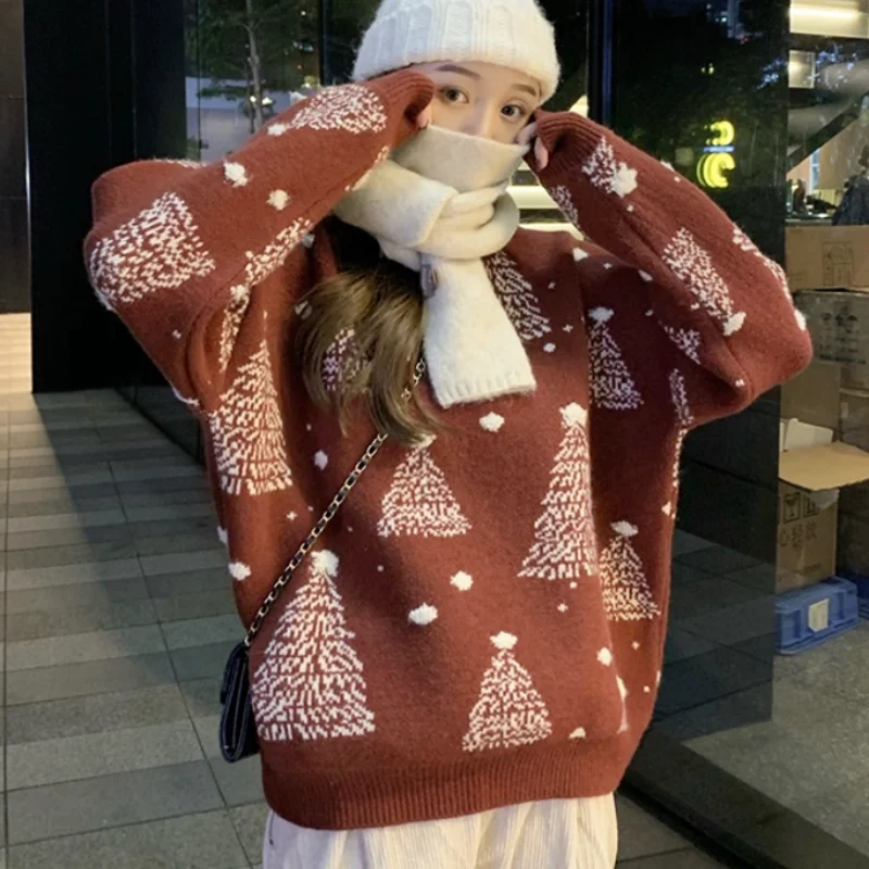 

Женский свитер с круглым вырезом, Свободный Повседневный вязаный пуловер в Корейском стиле ретро с рождественским принтом, Осень-зима 2021