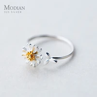 modian cute tiny daisy and leaves genuine sterling silver 925 ring for women fashion open adjustable plant ring fine jewelry