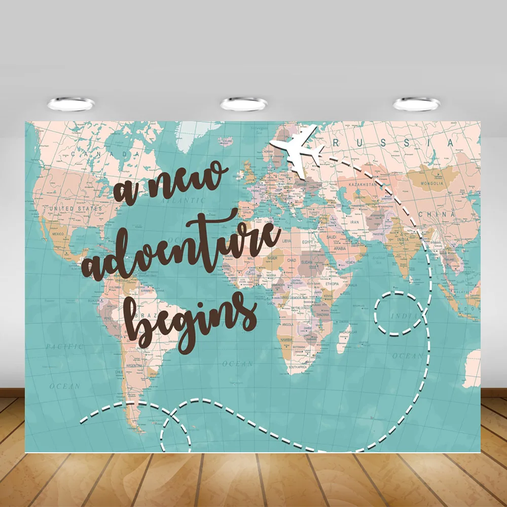 New Adventure Begins Photography Backdrop Photo Studio Aircraft Travelling World Map Birthday Background Earth Travel Photocall