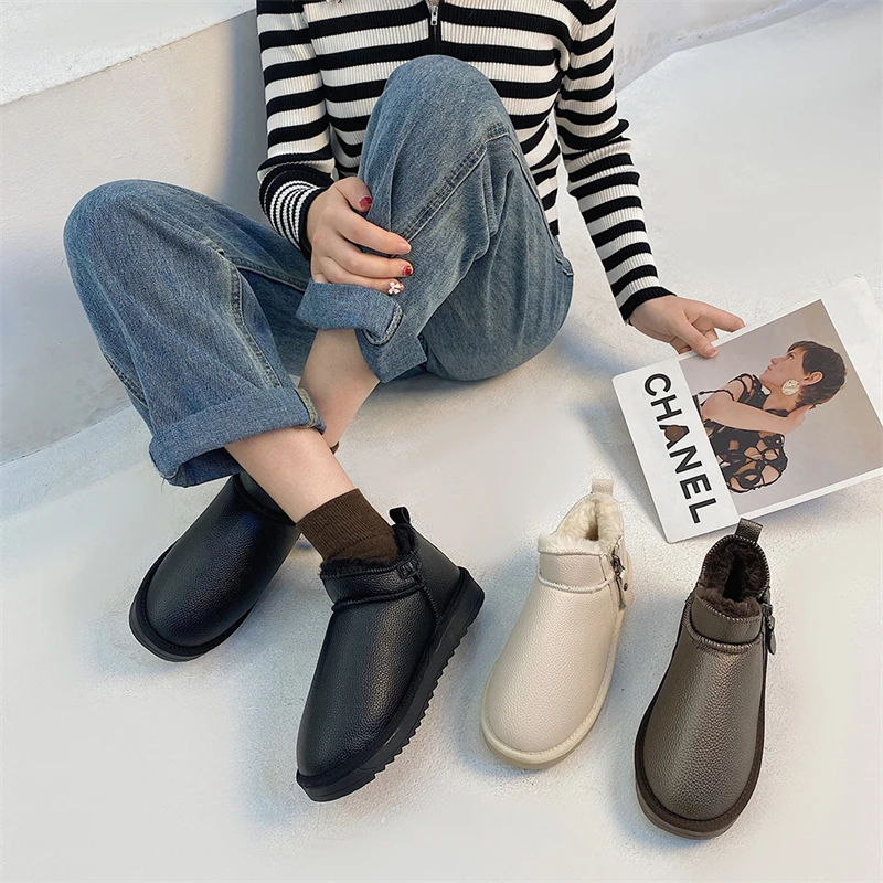 

Thicken Women Snow Boots PU Leather Plus Cotton Non-slip Winter Water-proof with Zipper Pointed Short Boots