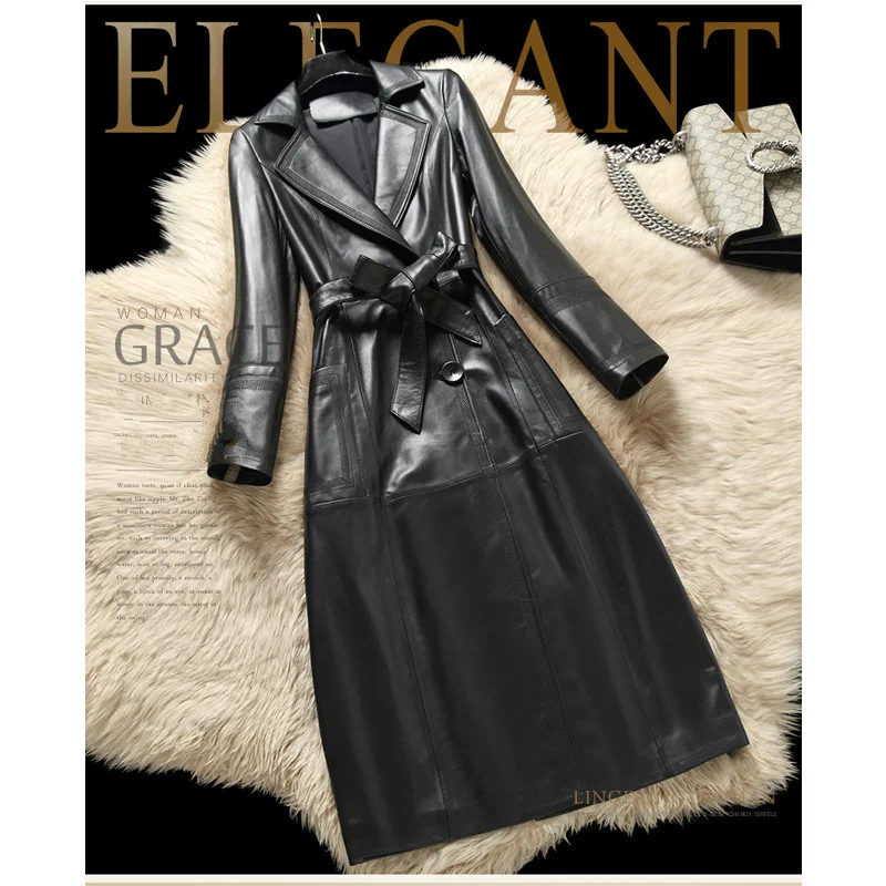 Женская ветровка из натуральной овечьей кожи длинное пальто-Тренч в Корейском