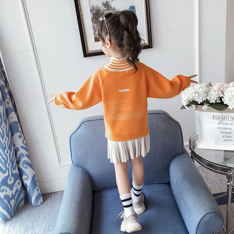 Детская зимняя одежда; Roupa Infantil Menina; свитер для девочек; платье с флисовой подкладкой; теплое платье-рубашка с эластичным воротником в рубчик; плиссированная нижняя часть