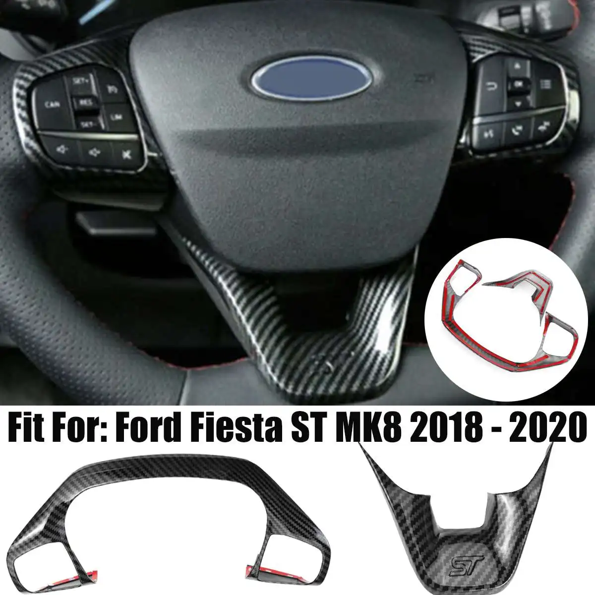 For Ford Fiesta MK8 2017 2018 2019 Accessories ABS Carbon Fiber ST Car Steering Wheel Trim Control Button Frame Cover