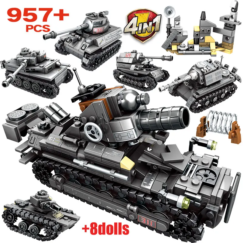 

957pcs City WW2 Mortor Chariot Series Building Blocks for Military Tank Police Soldier Figures Bricks Toys for Boys