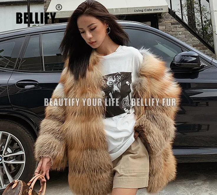 Женское стильное пальто из натурального красного лисьего меха в русском стиле |