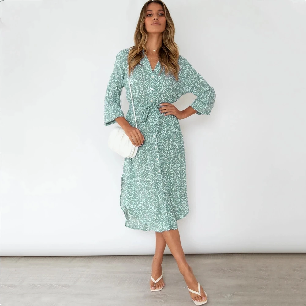 Женское платье с леопардовым принтом Повседневное длинным рукавом разрезом в