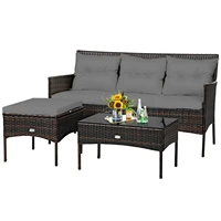 patiojoy 3pcs patio rattan furniture set 3 seat sofa cushioned table garden gray hw67714gr