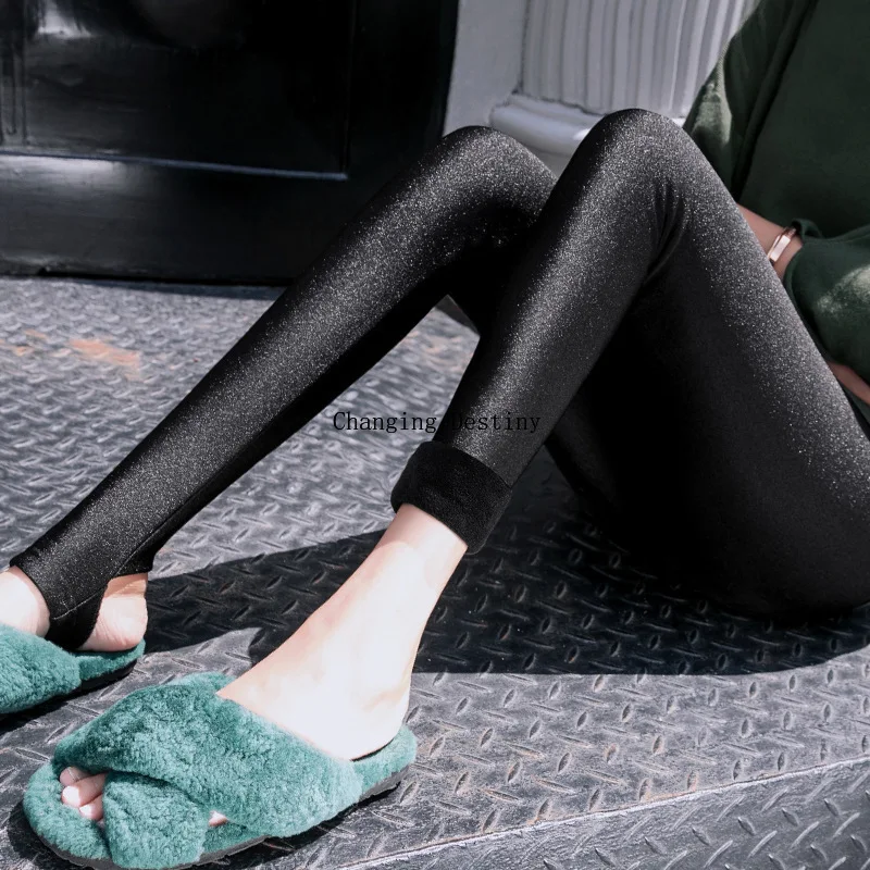 S 3XL женская модная одежда теплые леггинсы Женская Корейская версия блестящие