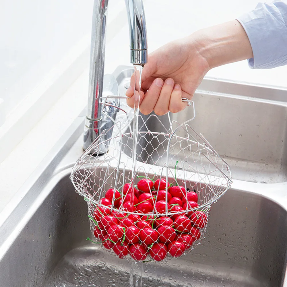 

Kitchen Multifunctional Frying Basket Stainless Steel Folding Drain Basket Household French Fries Kitchen Artifact