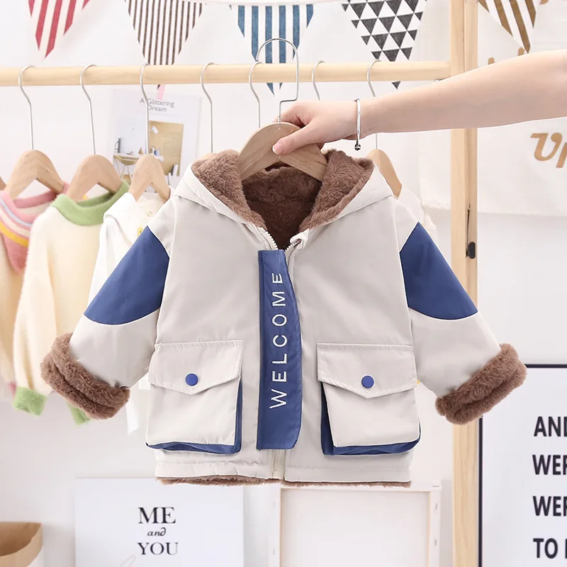 

Baby padded jacket winter thickening boy padded jacket children plus velvet baby autumn and winter jacket