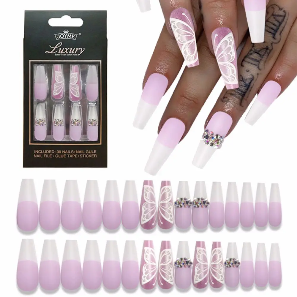

30Pcs/Box Long 3D Butterfly Ballet Full Nail Detachable Tips For Nail Extension Manicure Art Press On Fake False Nails