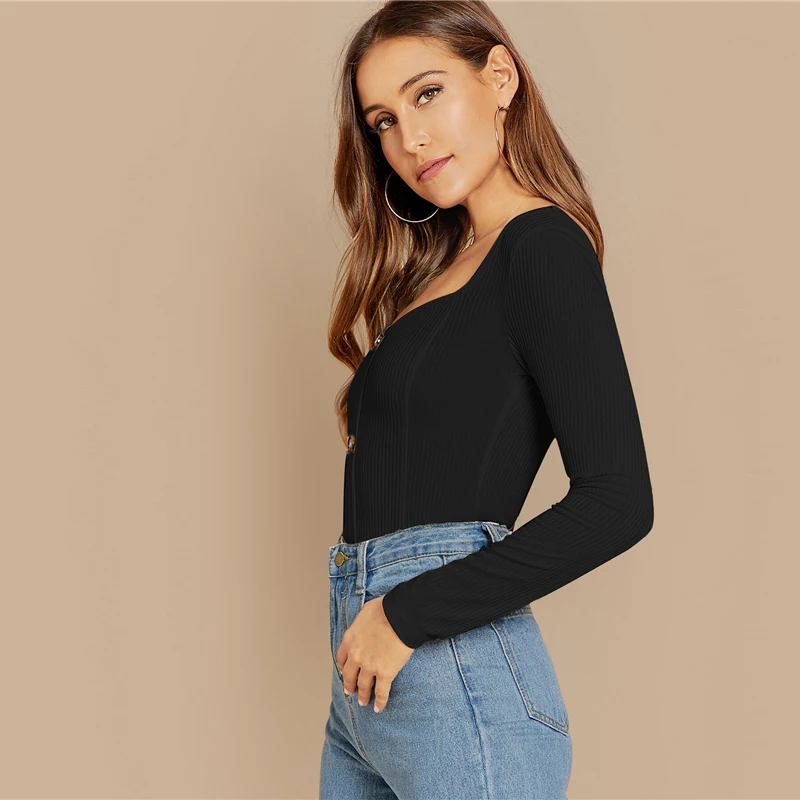 SHEIN Облегающий Топ С Длинным Рукавом И Глубоким Вырезом Трикотажная Блузка В Рубчик
