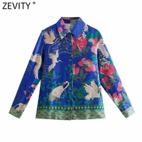 zevity 2021 women vintage birds floral print satin smock blouse female long sleeve casual shirts chic leisure blusas tops ls9710