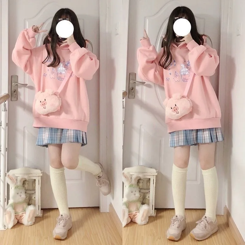 

Kawaii Deeptown Hoodie Women Pink Print Sweatshirt Winter 2021 Fashion Long Sleeve Plus Velvet Tops Oversized Hoodies Women