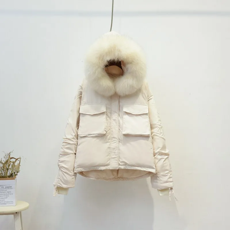 CRRIFLZ женские зимние куртки короткие натуральный мех теплый уплотненный пуховик